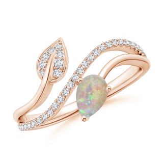 6x4mm AAAA Opal and Diamond Bypass Ring with Leaf Motif in Rose Gold