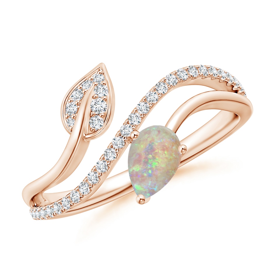 6x4mm AAAA Opal and Diamond Bypass Ring with Leaf Motif in Rose Gold 