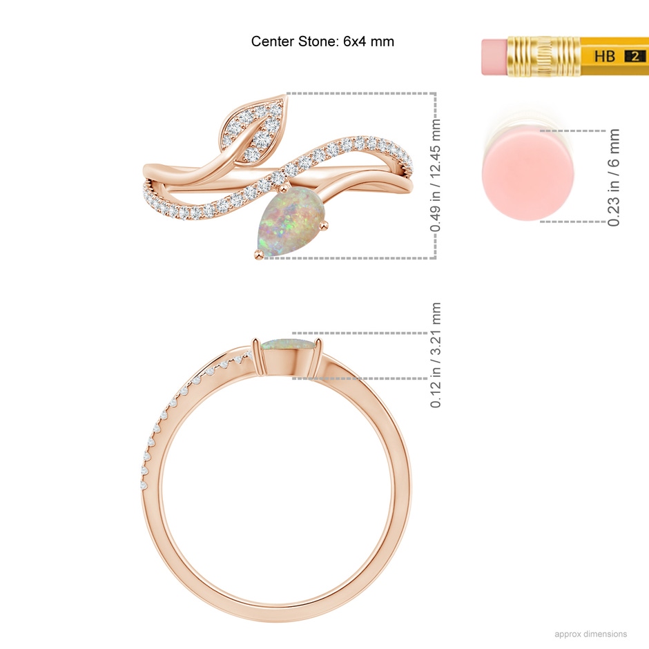 6x4mm AAAA Opal and Diamond Bypass Ring with Leaf Motif in Rose Gold ruler