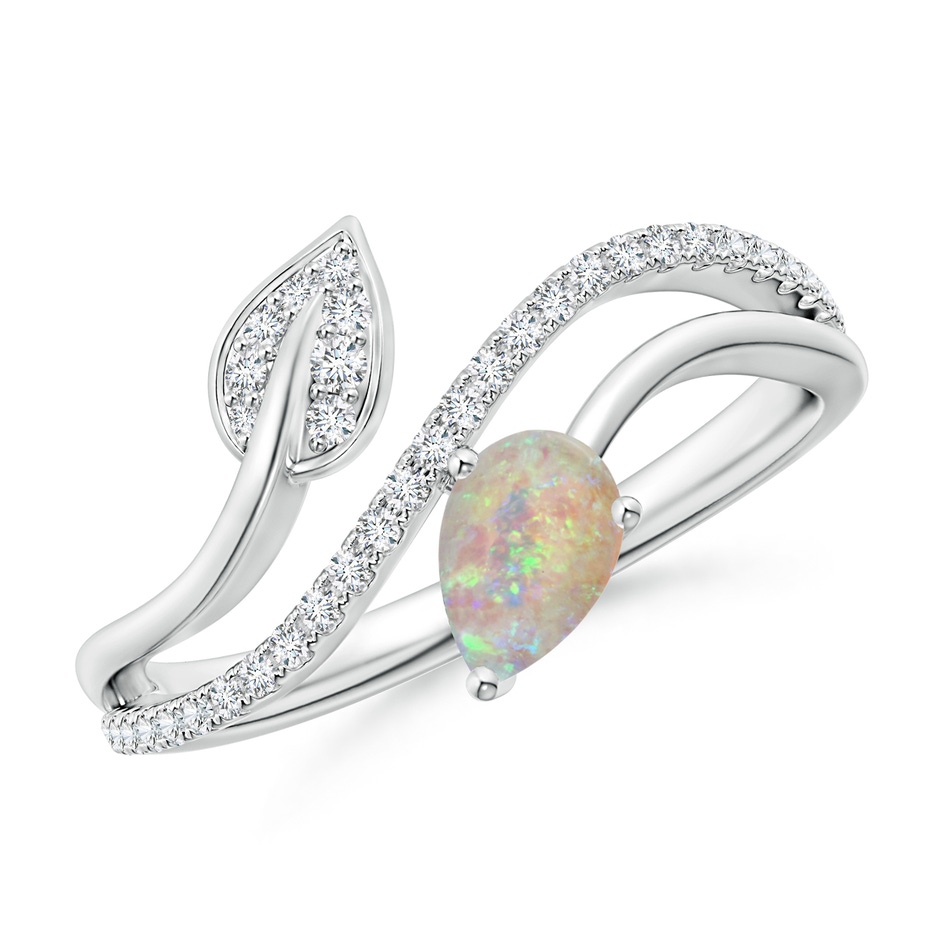 6x4mm AAAA Opal and Diamond Bypass Ring with Leaf Motif in White Gold 