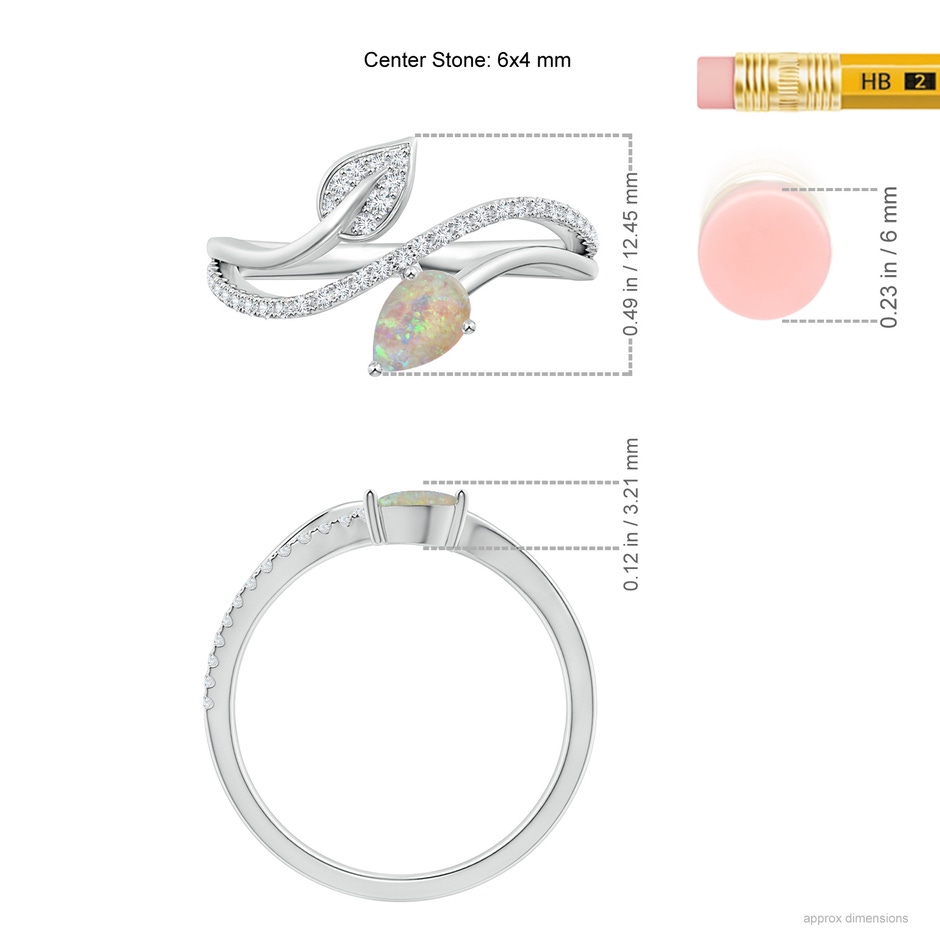 6x4mm AAAA Opal and Diamond Bypass Ring with Leaf Motif in White Gold ruler