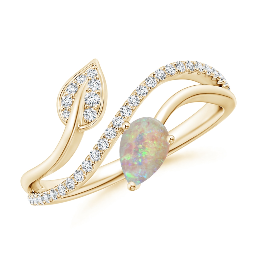 6x4mm AAAA Opal and Diamond Bypass Ring with Leaf Motif in Yellow Gold