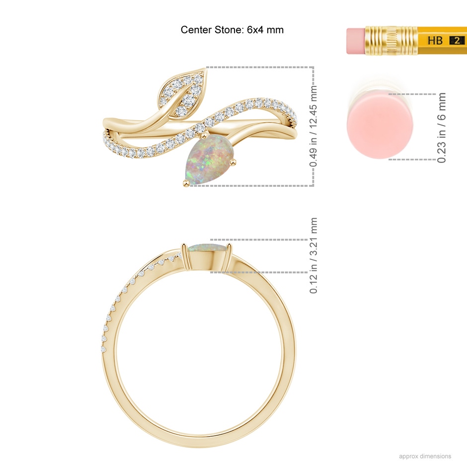 6x4mm AAAA Opal and Diamond Bypass Ring with Leaf Motif in Yellow Gold ruler