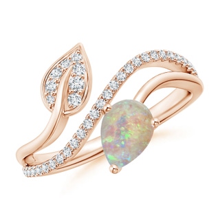 7x5mm AAAA Opal and Diamond Bypass Ring with Leaf Motif in Rose Gold
