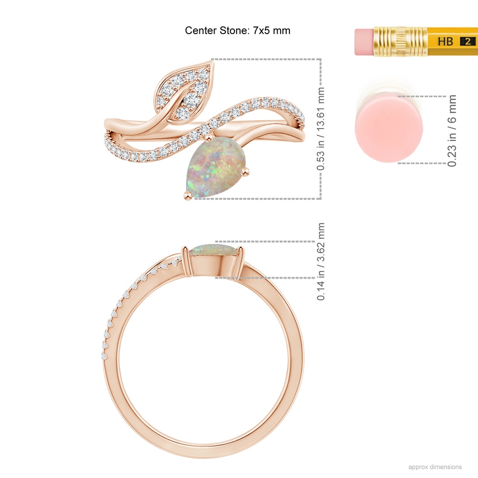7x5mm AAAA Opal and Diamond Bypass Ring with Leaf Motif in Rose Gold ruler
