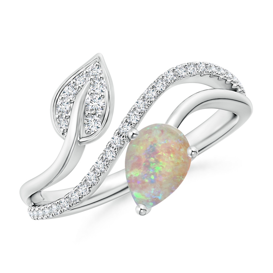 7x5mm AAAA Opal and Diamond Bypass Ring with Leaf Motif in White Gold 
