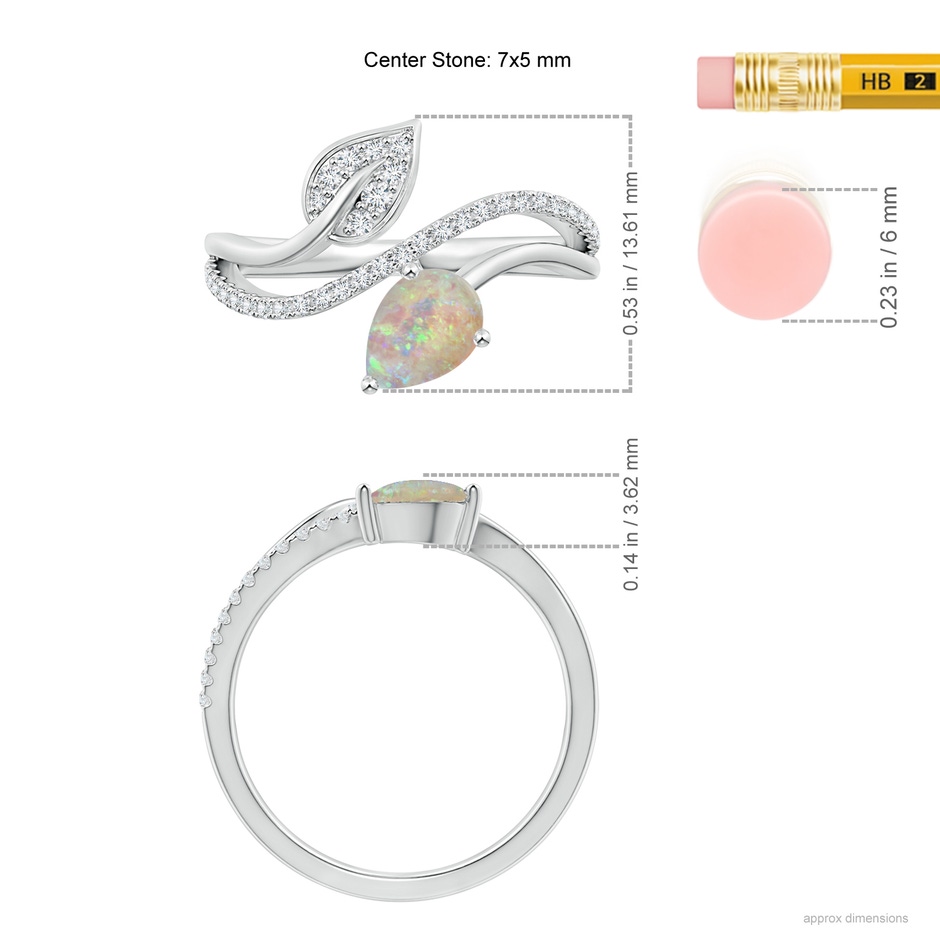 7x5mm AAAA Opal and Diamond Bypass Ring with Leaf Motif in White Gold ruler