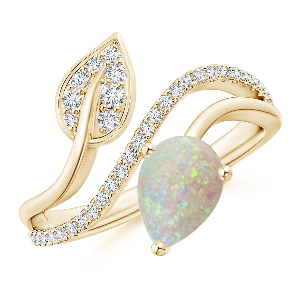 8x6mm AAA Opal and Diamond Bypass Ring with Leaf Motif in Yellow Gold