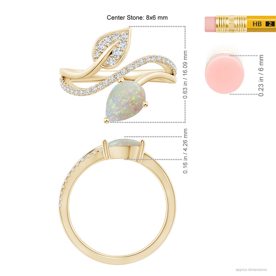 8x6mm AAA Opal and Diamond Bypass Ring with Leaf Motif in Yellow Gold ruler