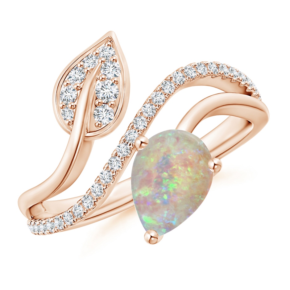 8x6mm AAAA Opal and Diamond Bypass Ring with Leaf Motif in Rose Gold 