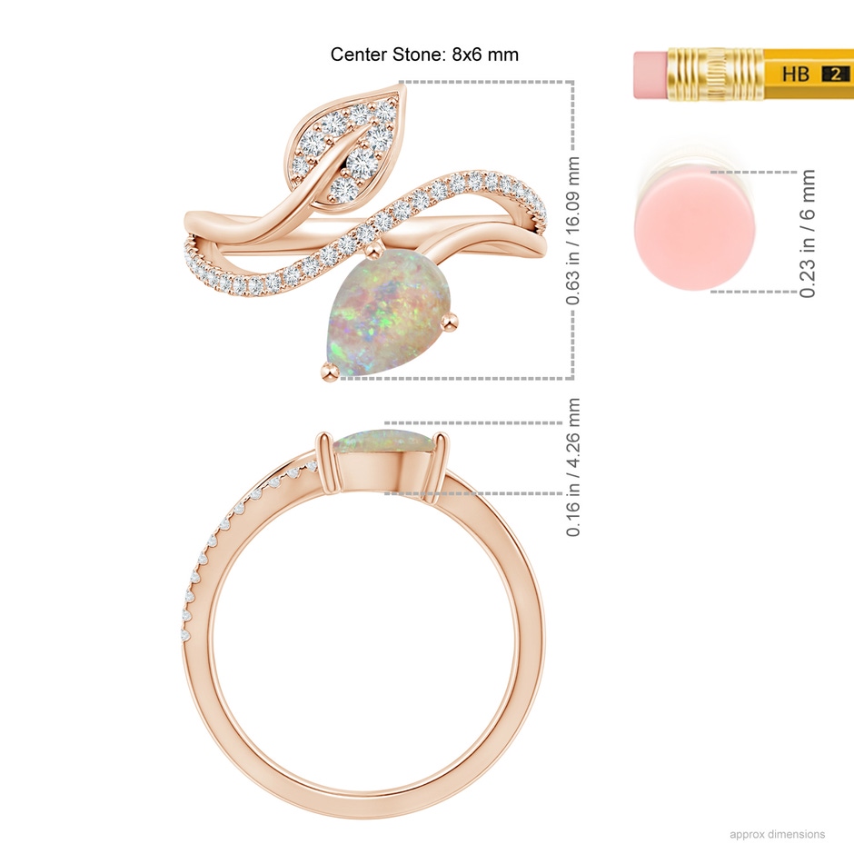 8x6mm AAAA Opal and Diamond Bypass Ring with Leaf Motif in Rose Gold ruler