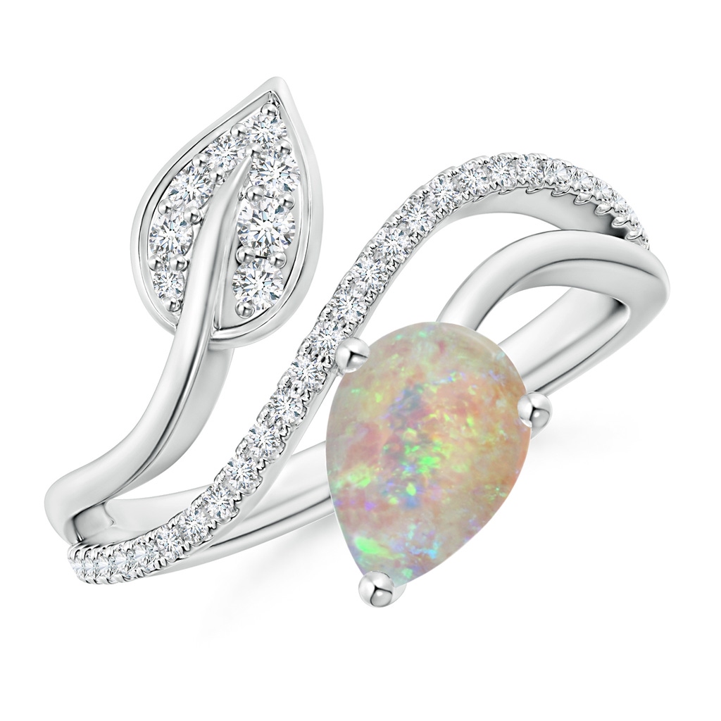 8x6mm AAAA Opal and Diamond Bypass Ring with Leaf Motif in White Gold