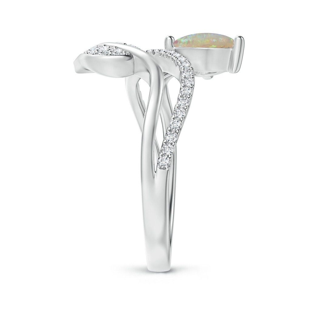 8x6mm AAAA Opal and Diamond Bypass Ring with Leaf Motif in White Gold Side-2