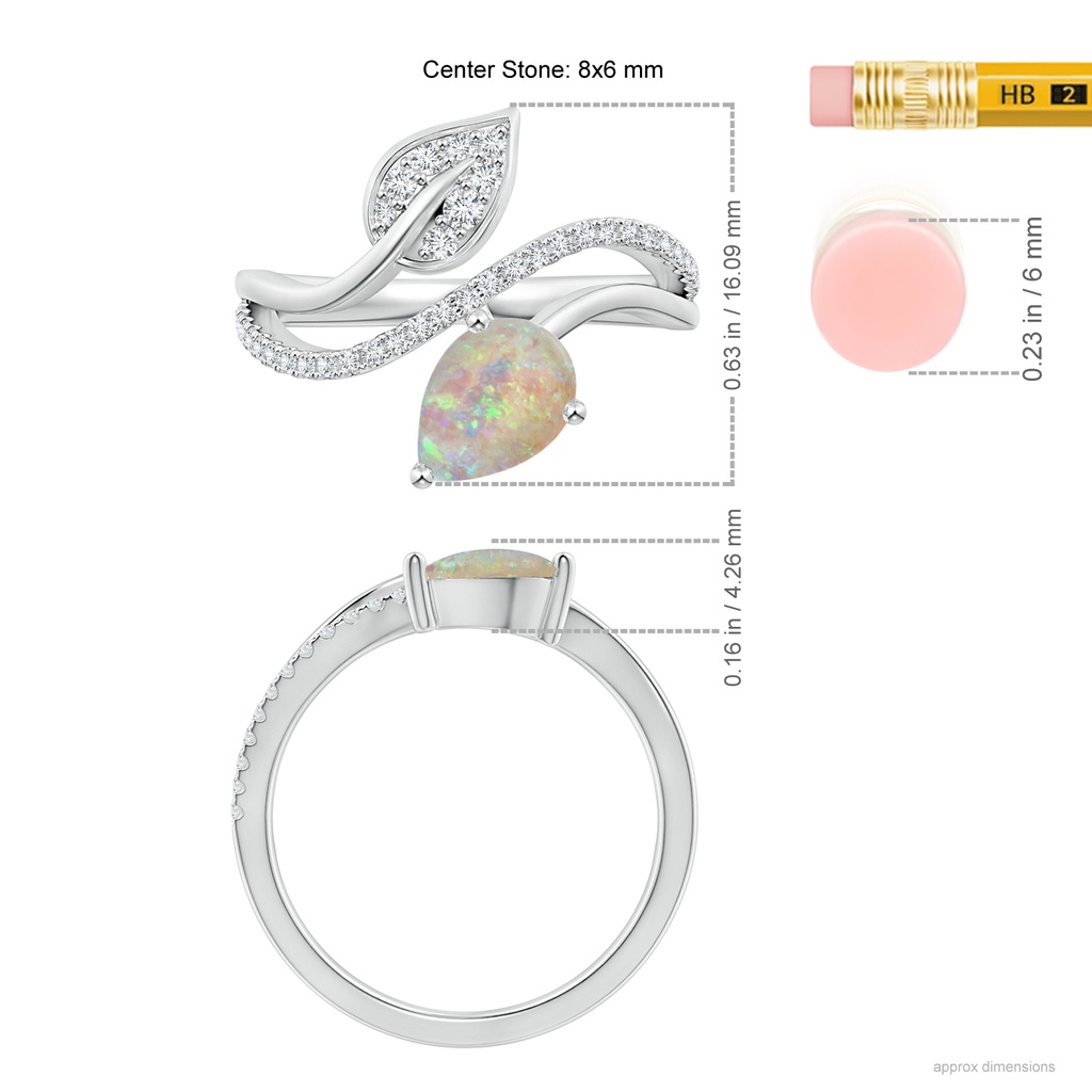 8x6mm AAAA Opal and Diamond Bypass Ring with Leaf Motif in White Gold Ruler