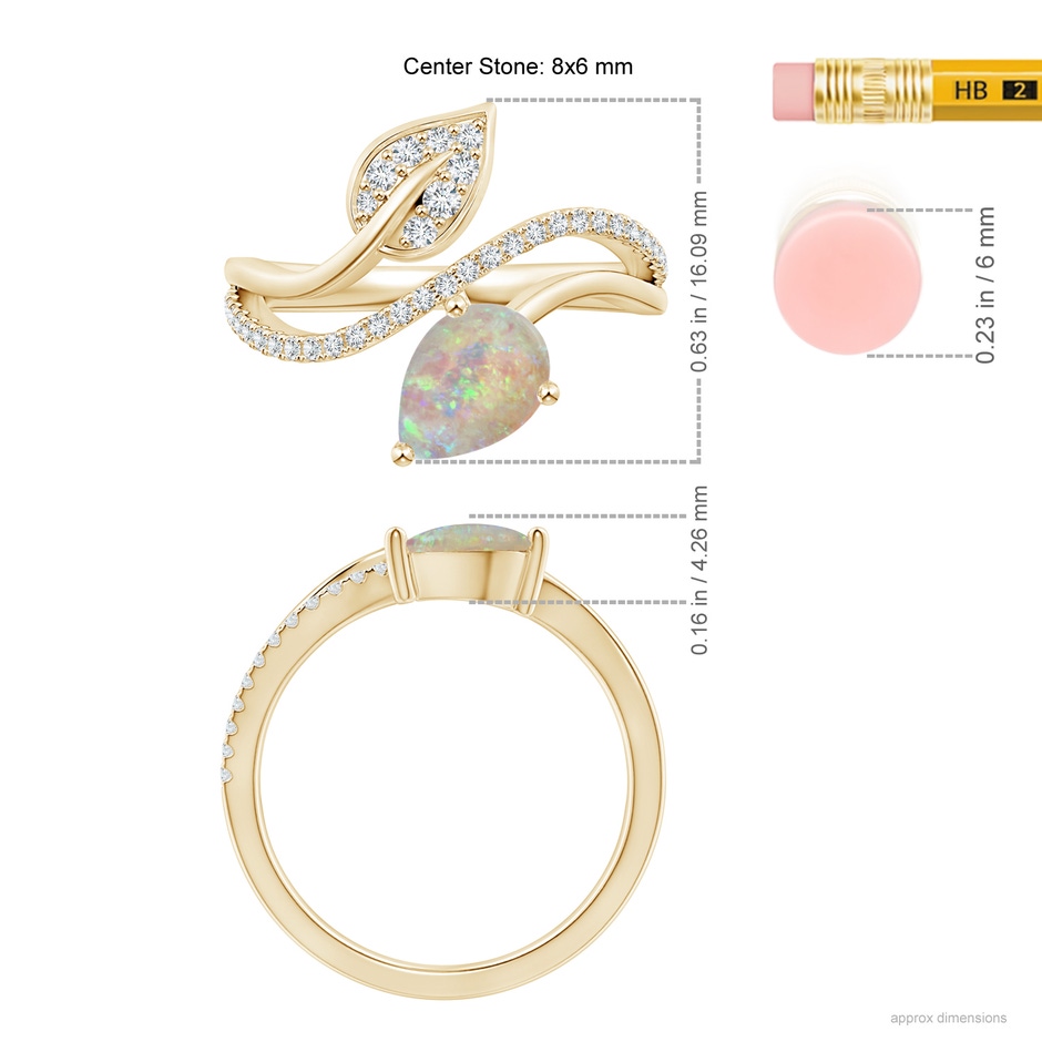 8x6mm AAAA Opal and Diamond Bypass Ring with Leaf Motif in Yellow Gold ruler