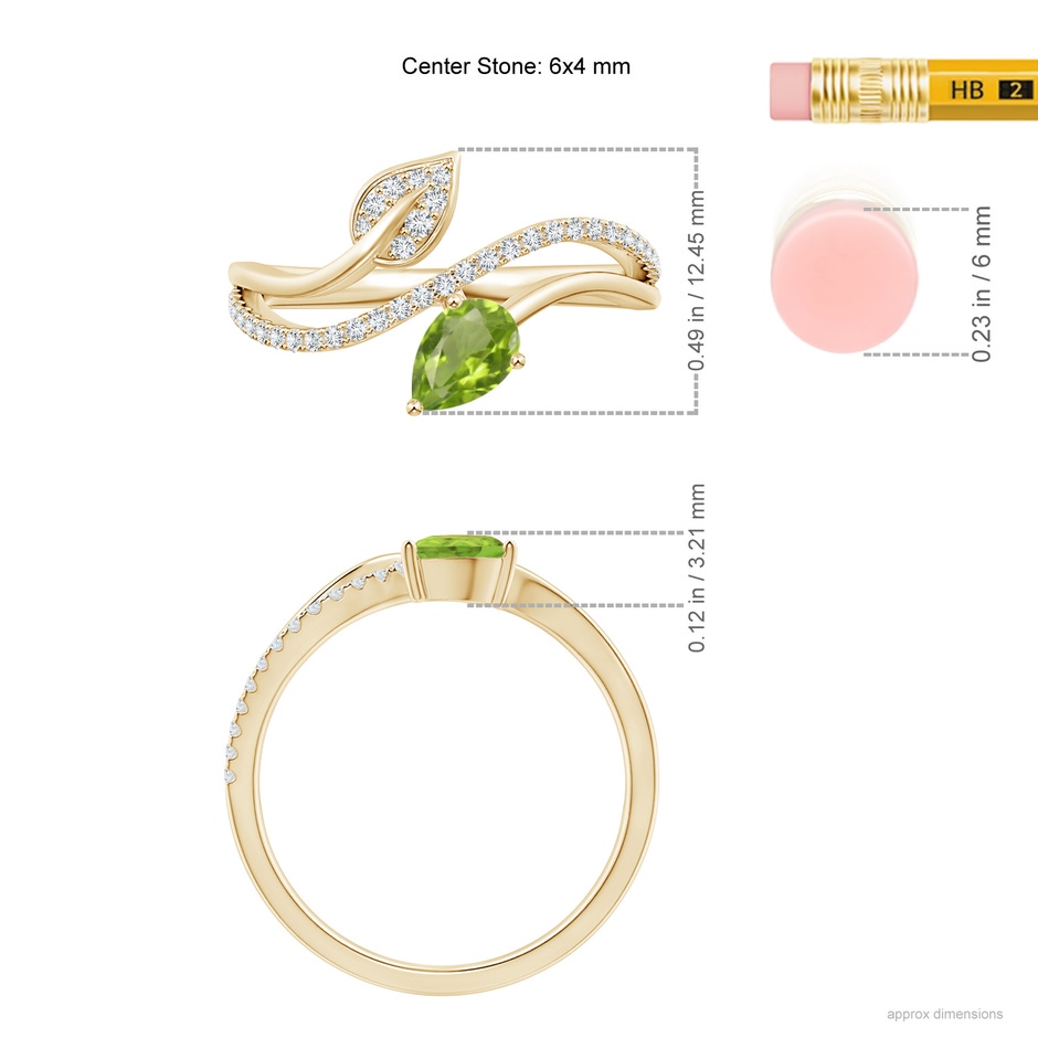 6x4mm AA Peridot and Diamond Bypass Ring with Leaf Motif in Yellow Gold ruler
