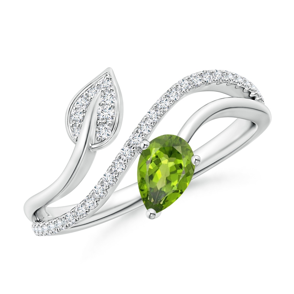 6x4mm AAA Peridot and Diamond Bypass Ring with Leaf Motif in White Gold