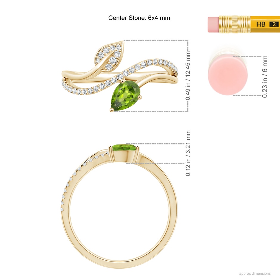 6x4mm AAA Peridot and Diamond Bypass Ring with Leaf Motif in Yellow Gold ruler