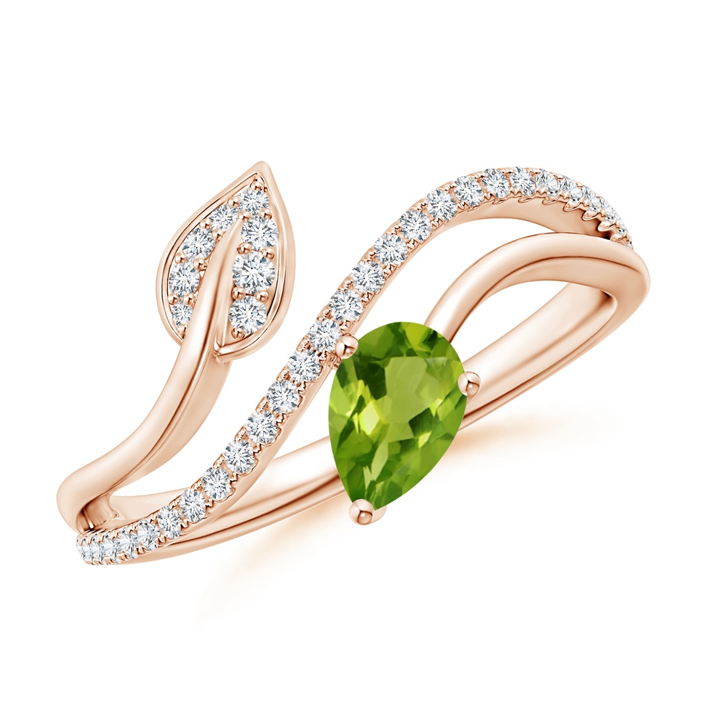 6x4mm AAAA Peridot and Diamond Bypass Ring with Leaf Motif in Rose Gold