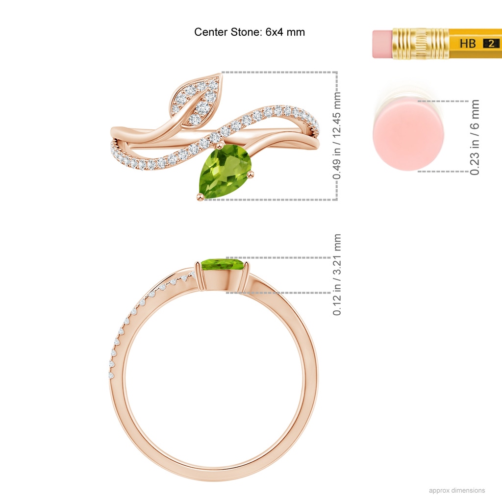 6x4mm AAAA Peridot and Diamond Bypass Ring with Leaf Motif in Rose Gold Ruler