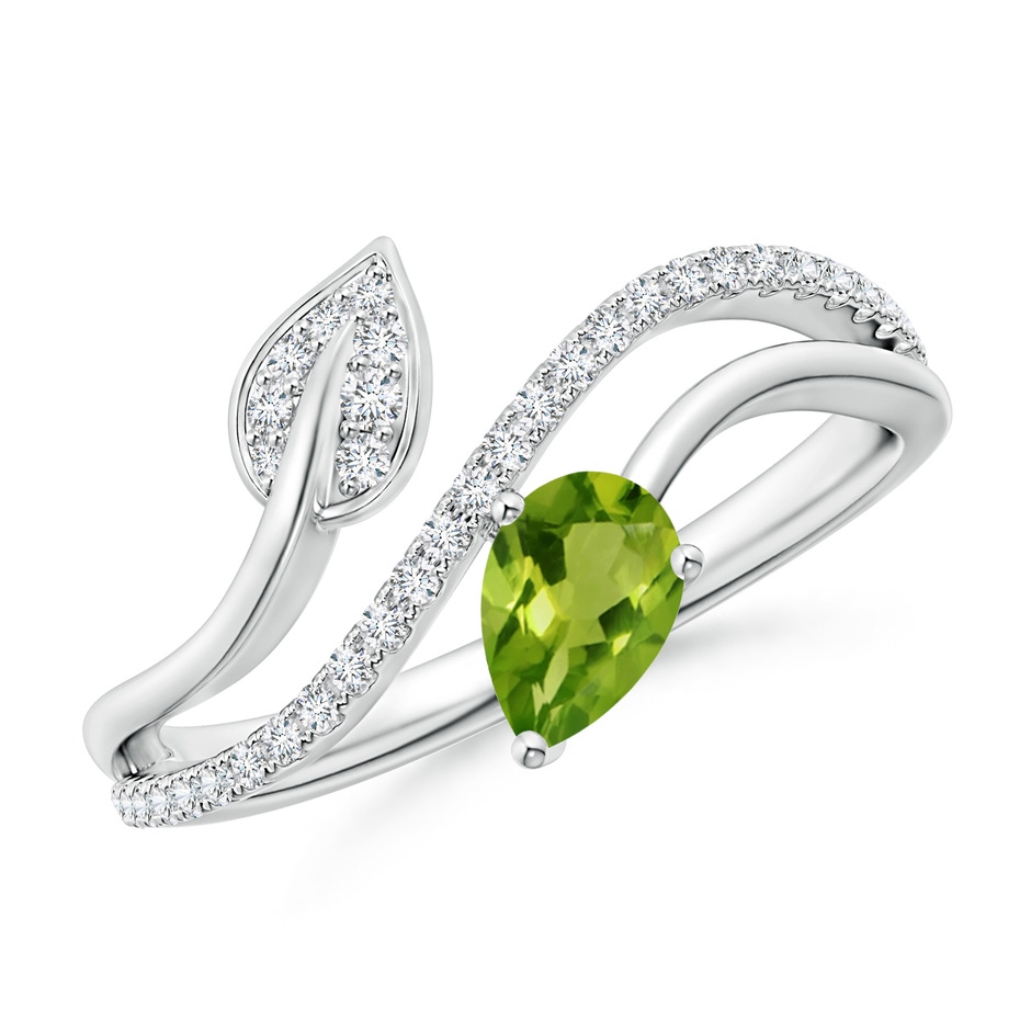 6x4mm AAAA Peridot and Diamond Bypass Ring with Leaf Motif in White Gold 
