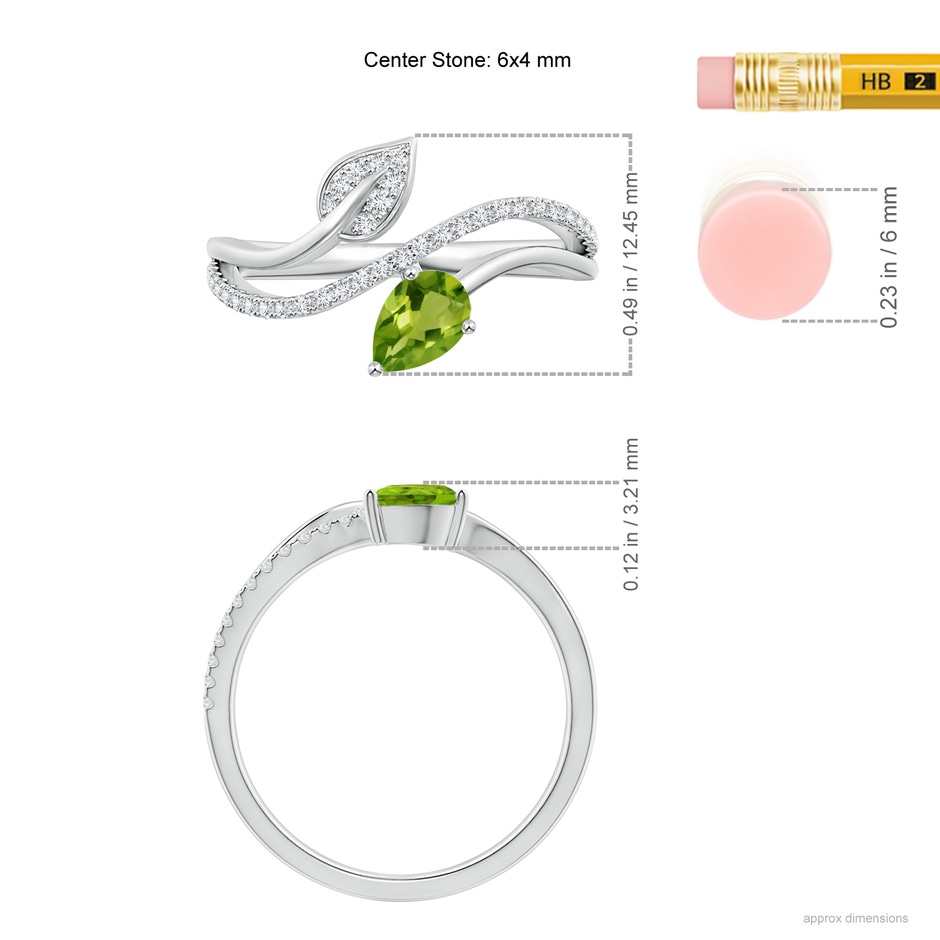 6x4mm AAAA Peridot and Diamond Bypass Ring with Leaf Motif in White Gold ruler