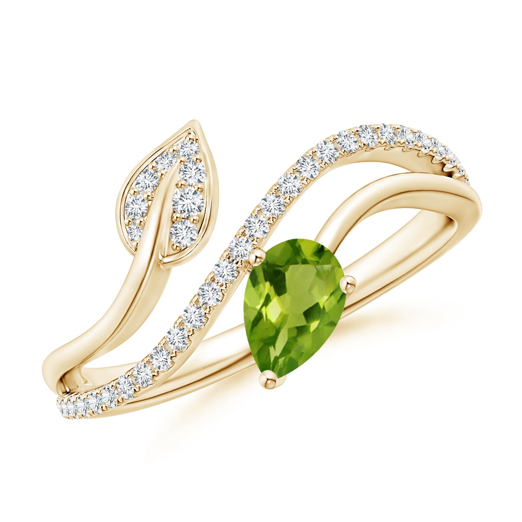 6x4mm AAAA Peridot and Diamond Bypass Ring with Leaf Motif in Yellow Gold