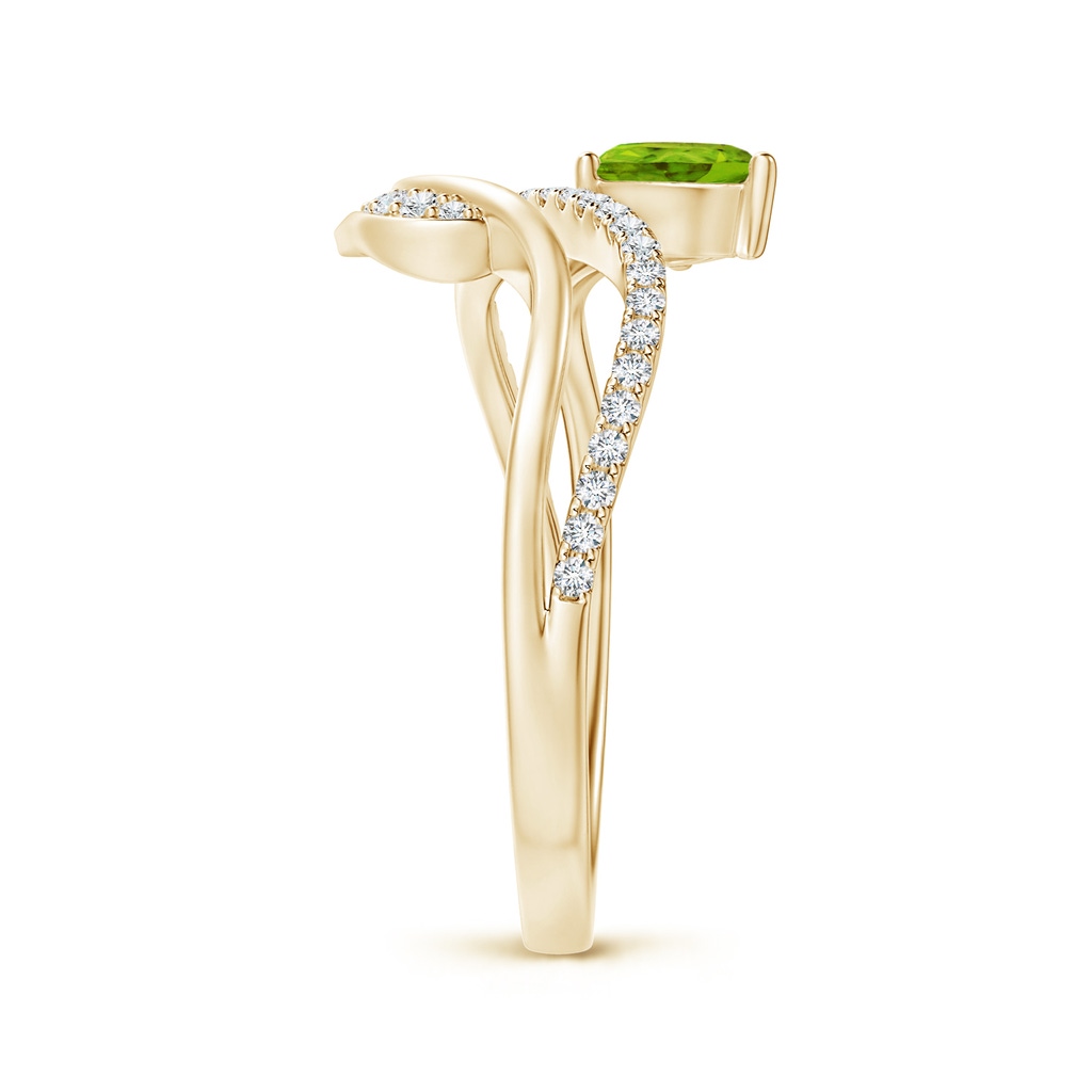 6x4mm AAAA Peridot and Diamond Bypass Ring with Leaf Motif in Yellow Gold Side 2
