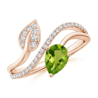 7x5mm AAAA Peridot and Diamond Bypass Ring with Leaf Motif in Rose Gold