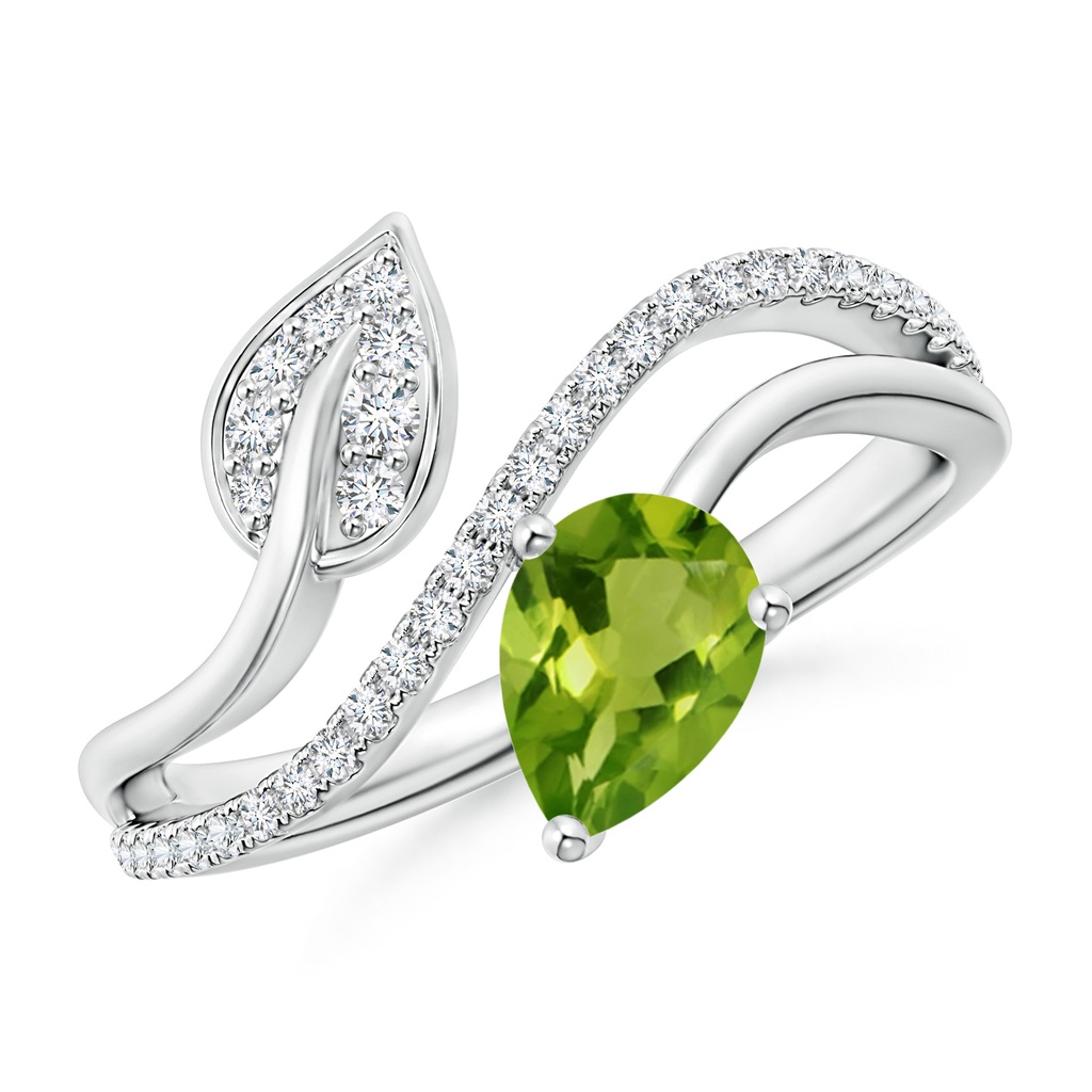 7x5mm AAAA Peridot and Diamond Bypass Ring with Leaf Motif in White Gold