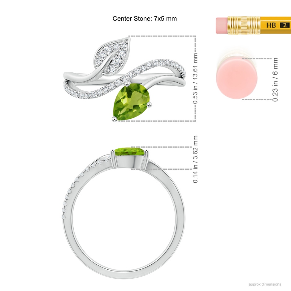 7x5mm AAAA Peridot and Diamond Bypass Ring with Leaf Motif in White Gold ruler