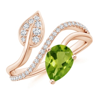 8x6mm AAAA Peridot and Diamond Bypass Ring with Leaf Motif in Rose Gold