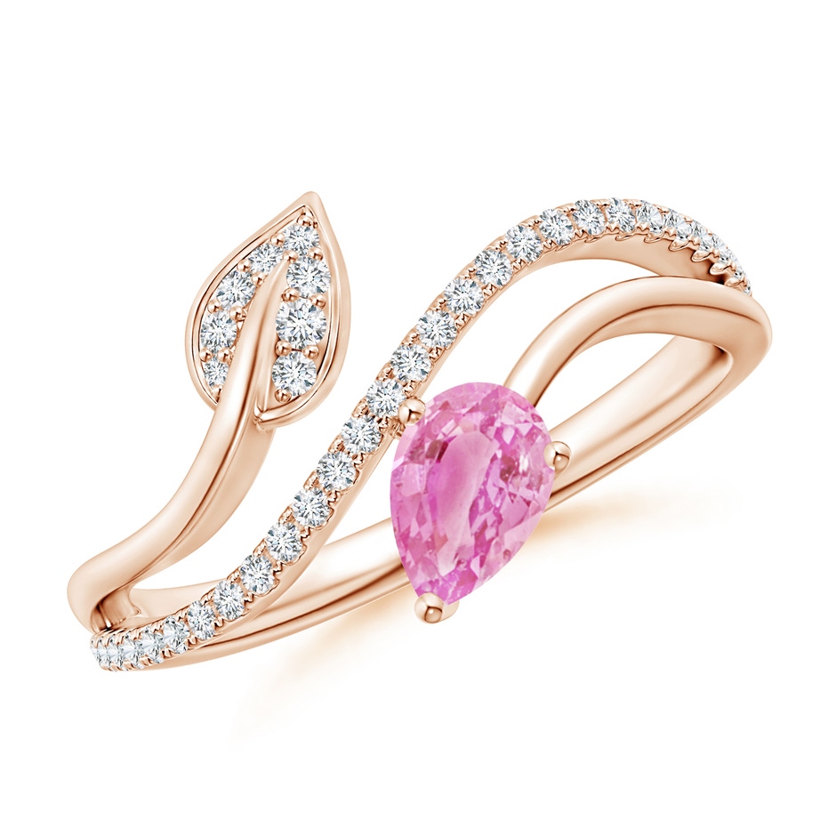 6x4mm A Pink Sapphire and Diamond Bypass Ring with Leaf Motif in Rose Gold 