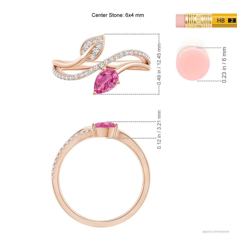 6x4mm AAA Pink Sapphire and Diamond Bypass Ring with Leaf Motif in Rose Gold ruler