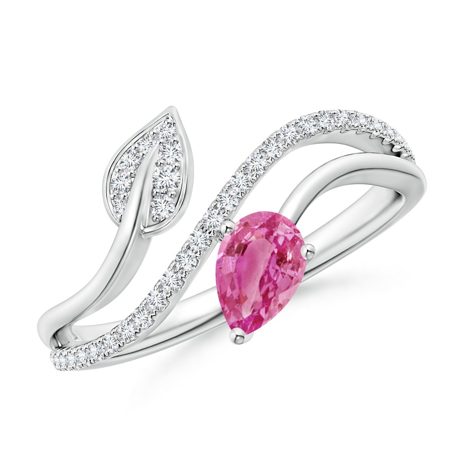 6x4mm AAA Pink Sapphire and Diamond Bypass Ring with Leaf Motif in White Gold 