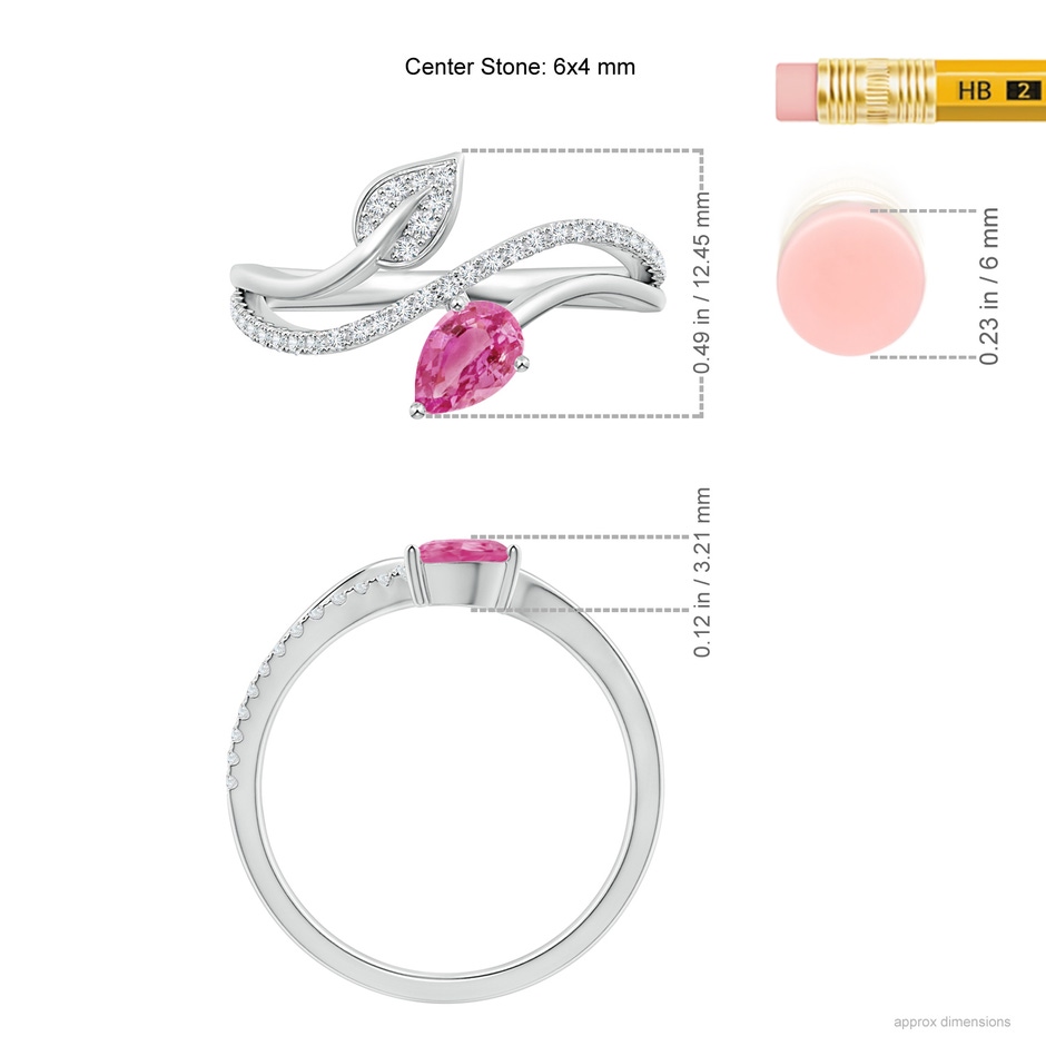 6x4mm AAA Pink Sapphire and Diamond Bypass Ring with Leaf Motif in White Gold ruler