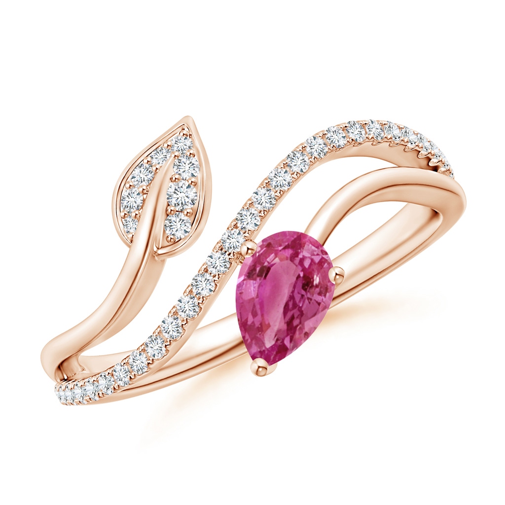 6x4mm AAAA Pink Sapphire and Diamond Bypass Ring with Leaf Motif in Rose Gold