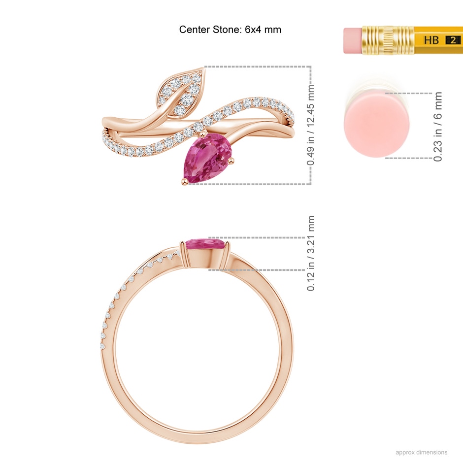 6x4mm AAAA Pink Sapphire and Diamond Bypass Ring with Leaf Motif in Rose Gold ruler