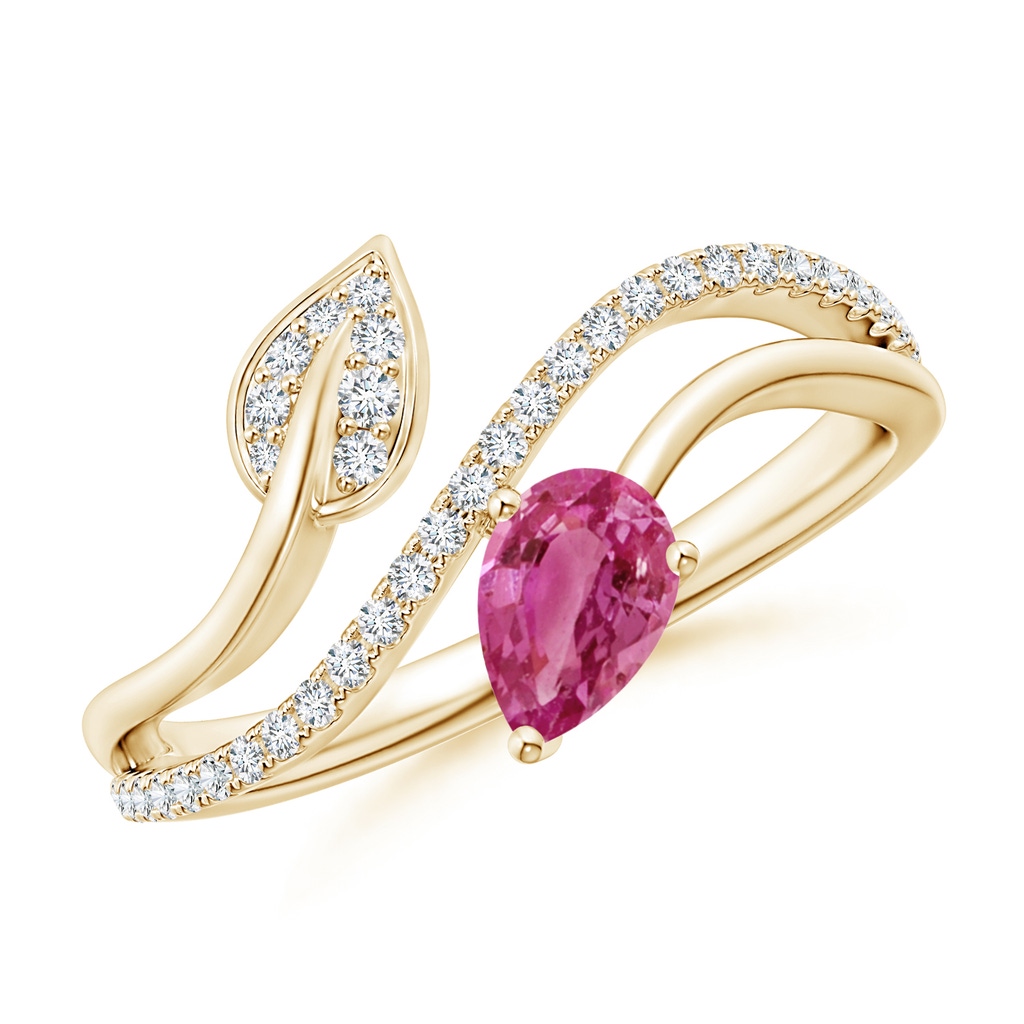 6x4mm AAAA Pink Sapphire and Diamond Bypass Ring with Leaf Motif in Yellow Gold
