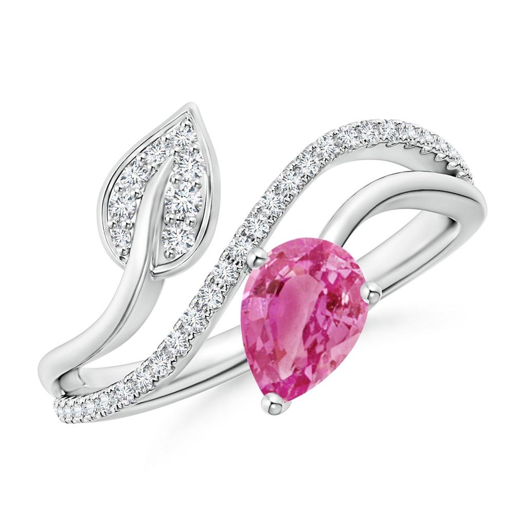 7x5mm AAA Pink Sapphire and Diamond Bypass Ring with Leaf Motif in White Gold