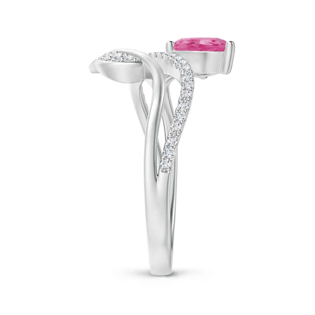7x5mm AAA Pink Sapphire and Diamond Bypass Ring with Leaf Motif in White Gold Side-2
