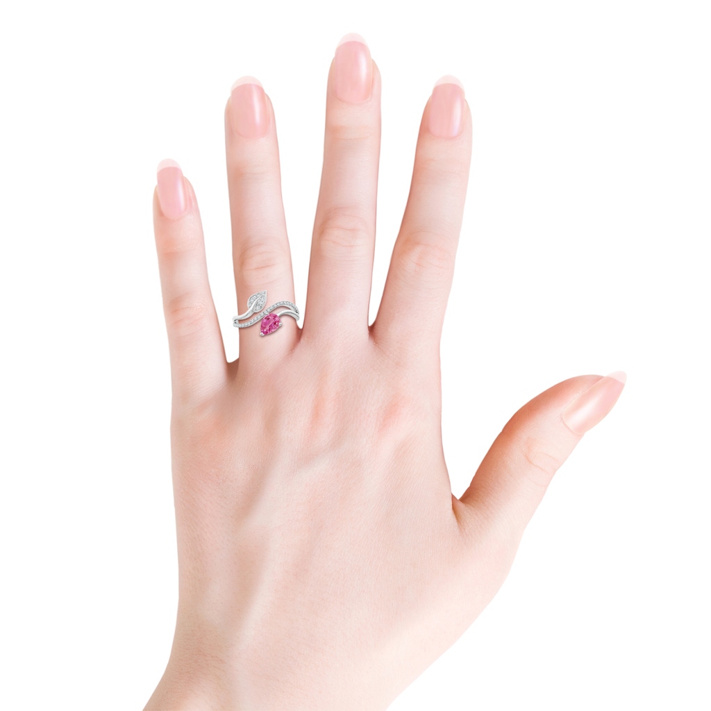 7x5mm AAA Pink Sapphire and Diamond Bypass Ring with Leaf Motif in White Gold Body-Hand