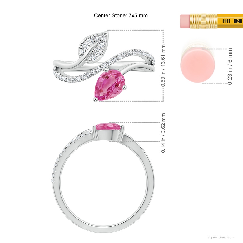 7x5mm AAA Pink Sapphire and Diamond Bypass Ring with Leaf Motif in White Gold Ruler