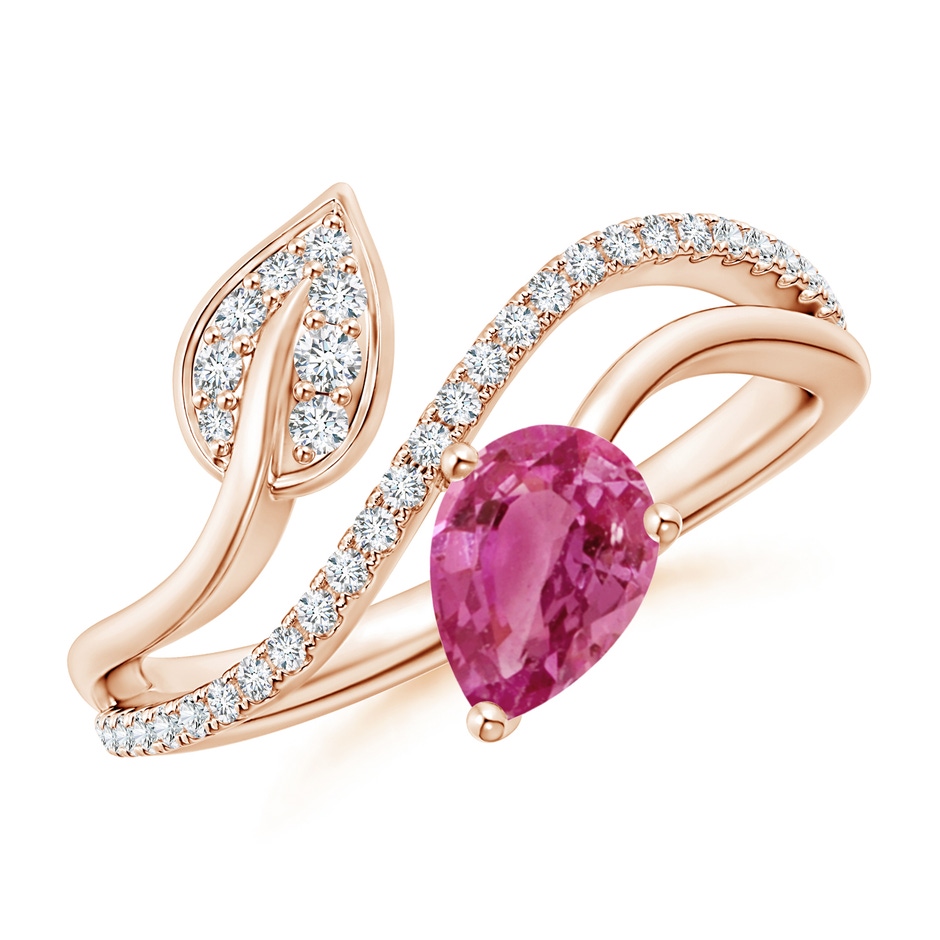 7x5mm AAAA Pink Sapphire and Diamond Bypass Ring with Leaf Motif in Rose Gold 