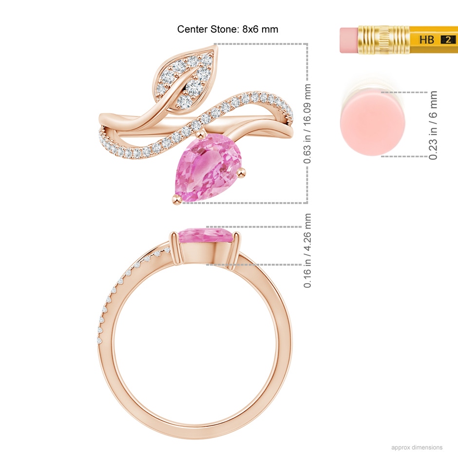 8x6mm A Pink Sapphire and Diamond Bypass Ring with Leaf Motif in Rose Gold ruler