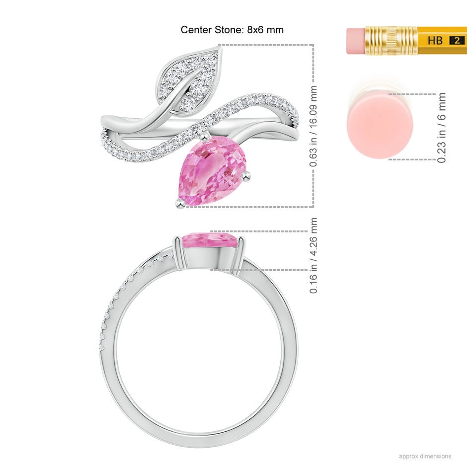8x6mm A Pink Sapphire and Diamond Bypass Ring with Leaf Motif in White Gold ruler