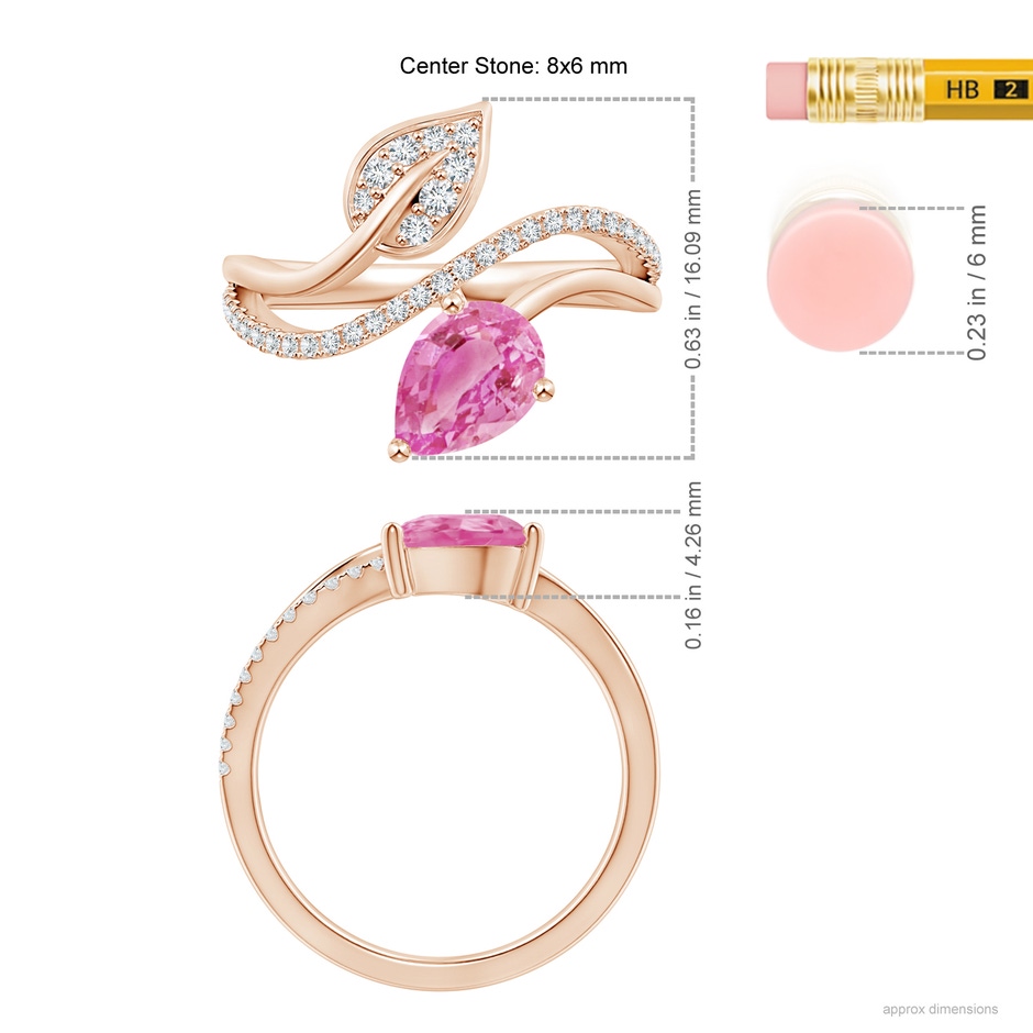 8x6mm AA Pink Sapphire and Diamond Bypass Ring with Leaf Motif in Rose Gold ruler
