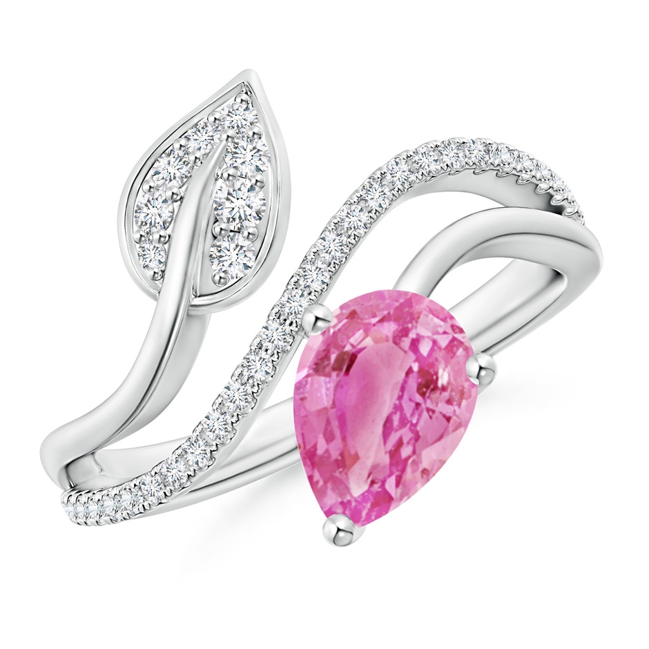 8x6mm AA Pink Sapphire and Diamond Bypass Ring with Leaf Motif in White Gold 
