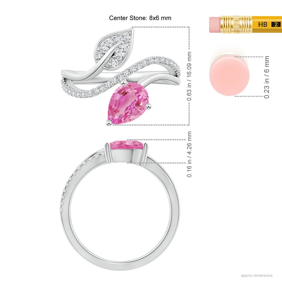 8x6mm AA Pink Sapphire and Diamond Bypass Ring with Leaf Motif in White Gold ruler