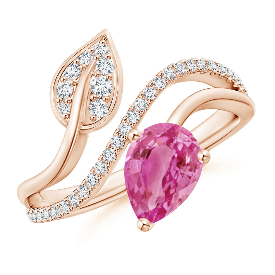 8x6mm AAA Pink Sapphire and Diamond Bypass Ring with Leaf Motif in Rose Gold 